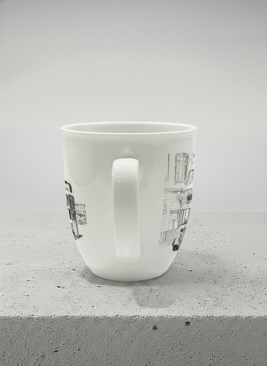 Ronny Mug | Lines of the Past  side view mug showing a pen drawing bus in Hong Kong by Samuel Kwok - Gallery By Inhesion