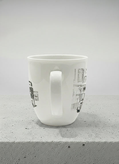 Ronny Mug | Lines of the Past  side view mug showing a pen drawing bus in Hong Kong by Samuel Kwok - Gallery By Inhesion