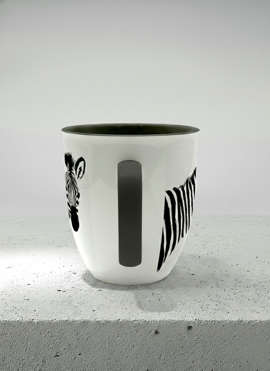 Ronny Mug | Swinging between reality and illusion side view mug with a zebra illustration and a person swinging under it by Tang Yau Hoong - Gallery By Inhesion