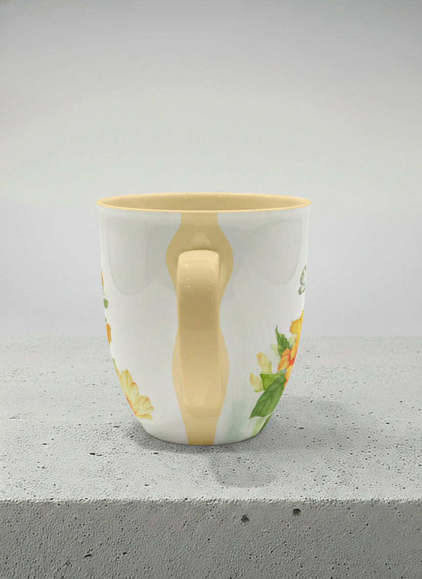 Ronny Mug | Butterfly Lovers side view mug with watercolor butterflies and vibrant yellow/orange flowers by Alice Wong - Gallery By Inhesion