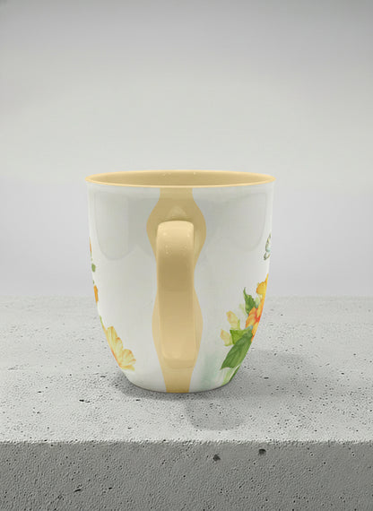 Ronny Mug | Butterfly Lovers side view mug with watercolor butterflies and vibrant yellow/orange flowers by Alice Wong - Gallery By Inhesion