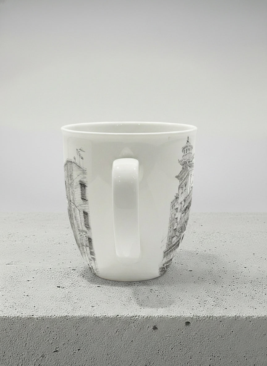 Ronny Mug | Tramway Through Time side view mug showing a sketch of streets and tram in Hong Kong by Samuel Kwok - Gallery By Inhesion