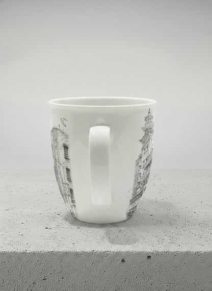 Ronny Mug | Tramway Through Time side view mug showing a sketch of streets and tram in Hong Kong by Samuel Kwok - Gallery By Inhesion