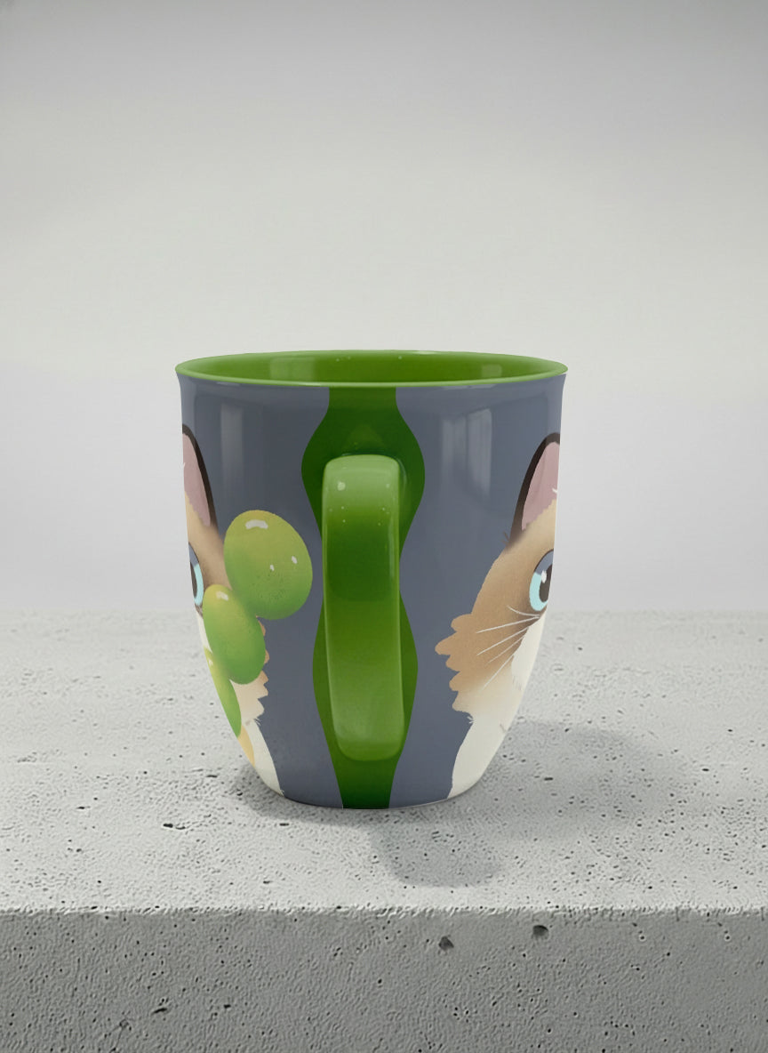 Ronny Mug | My Shiny Treat side view mug grumpy fluffy cat clutching green grapes, tiny red mushroom hat, slate blue background, green interior, by Hyun Jung Cho