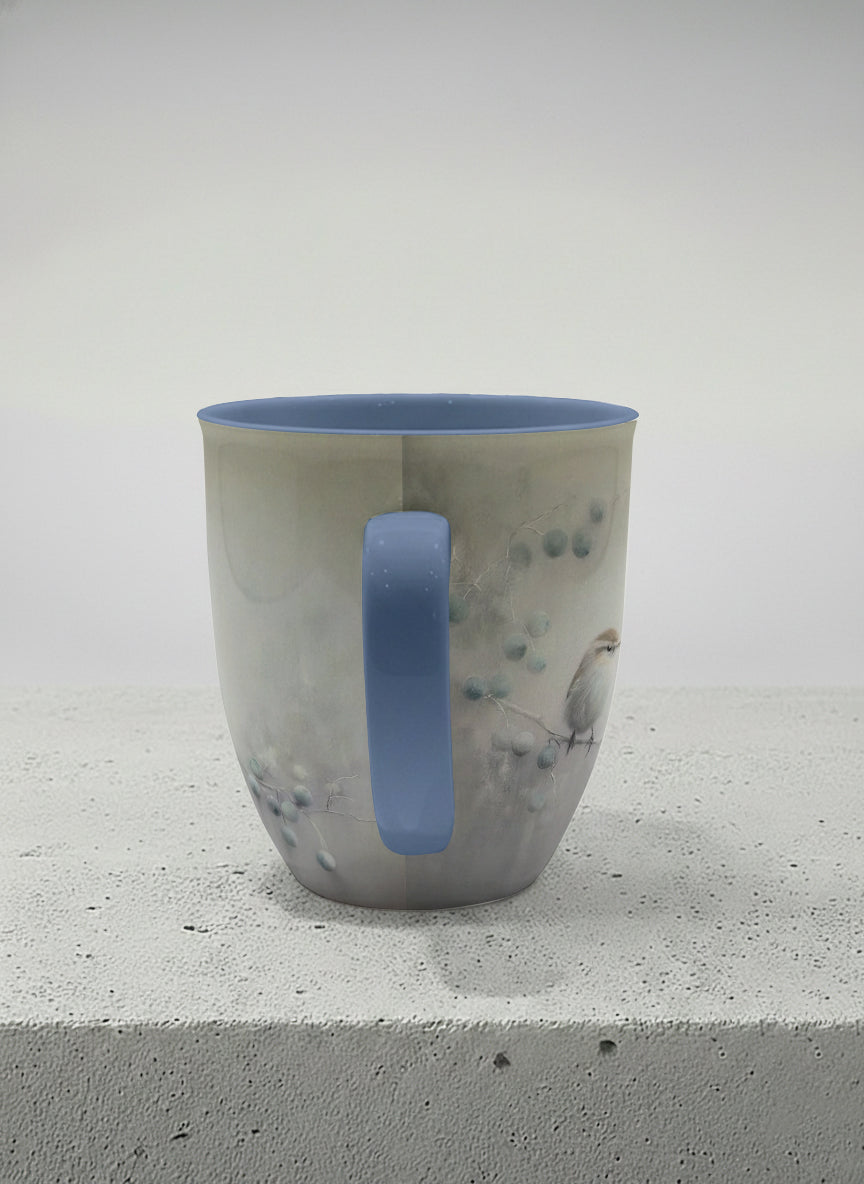 ronny mug | A Quiet Moment side view mug,solitary bird perched in a soft misty landscape with delicate dot details, dusty blue interior and handle, by Karina Mosser - Gallery By Inhesion