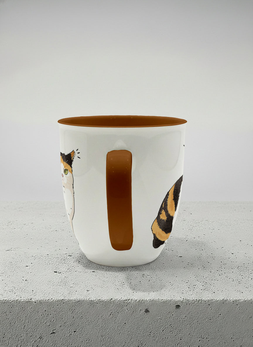 ronny mug | Spicy Calico side view mug grumpy calico cat with piercing green eyes and ruffled fur, dark chocolate interior, by Hyun Jung Cho