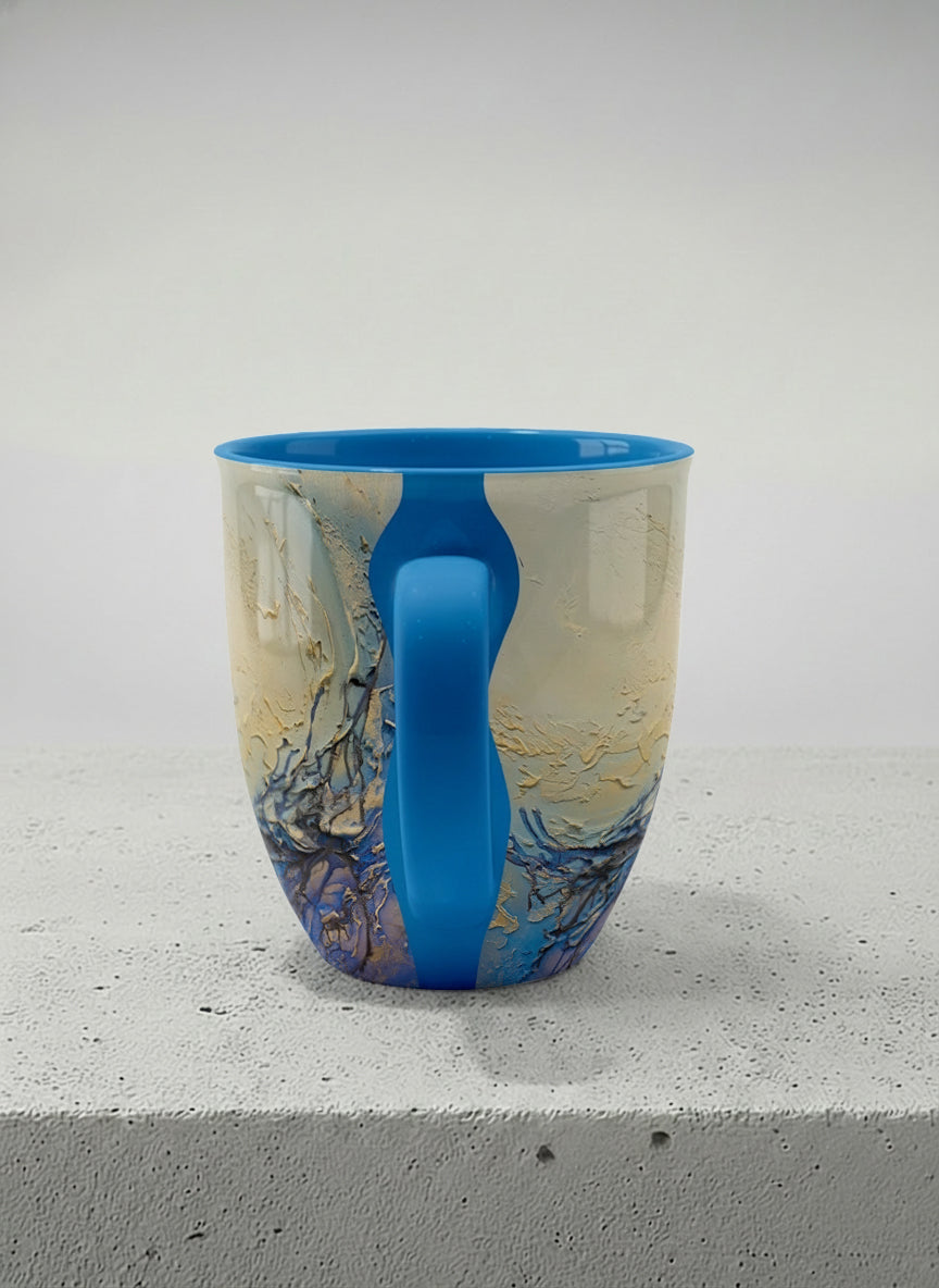 Ronny Mug | Touches of depth side view mug showing abstract pattern in blue, white, and gold by Mersedes Mein - Gallery By Inhesion