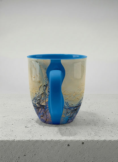 Ronny Mug | Touches of depth side view mug showing abstract pattern in blue, white, and gold by Mersedes Mein - Gallery By Inhesion