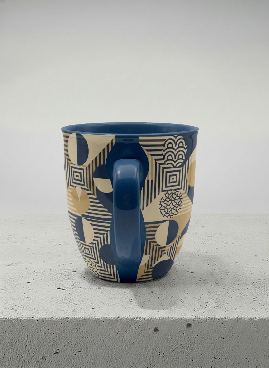 Ronny Mug | Fractured Horizon Drift side view mug, navy and gold geometric pattern, dark interior and handle, by Alan CL Lee - Gallery By Inhesion