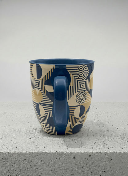 Ronny Mug | Fractured Horizon Drift side view mug, navy and gold geometric pattern, dark interior and handle, by Alan CL Lee - Gallery By Inhesion