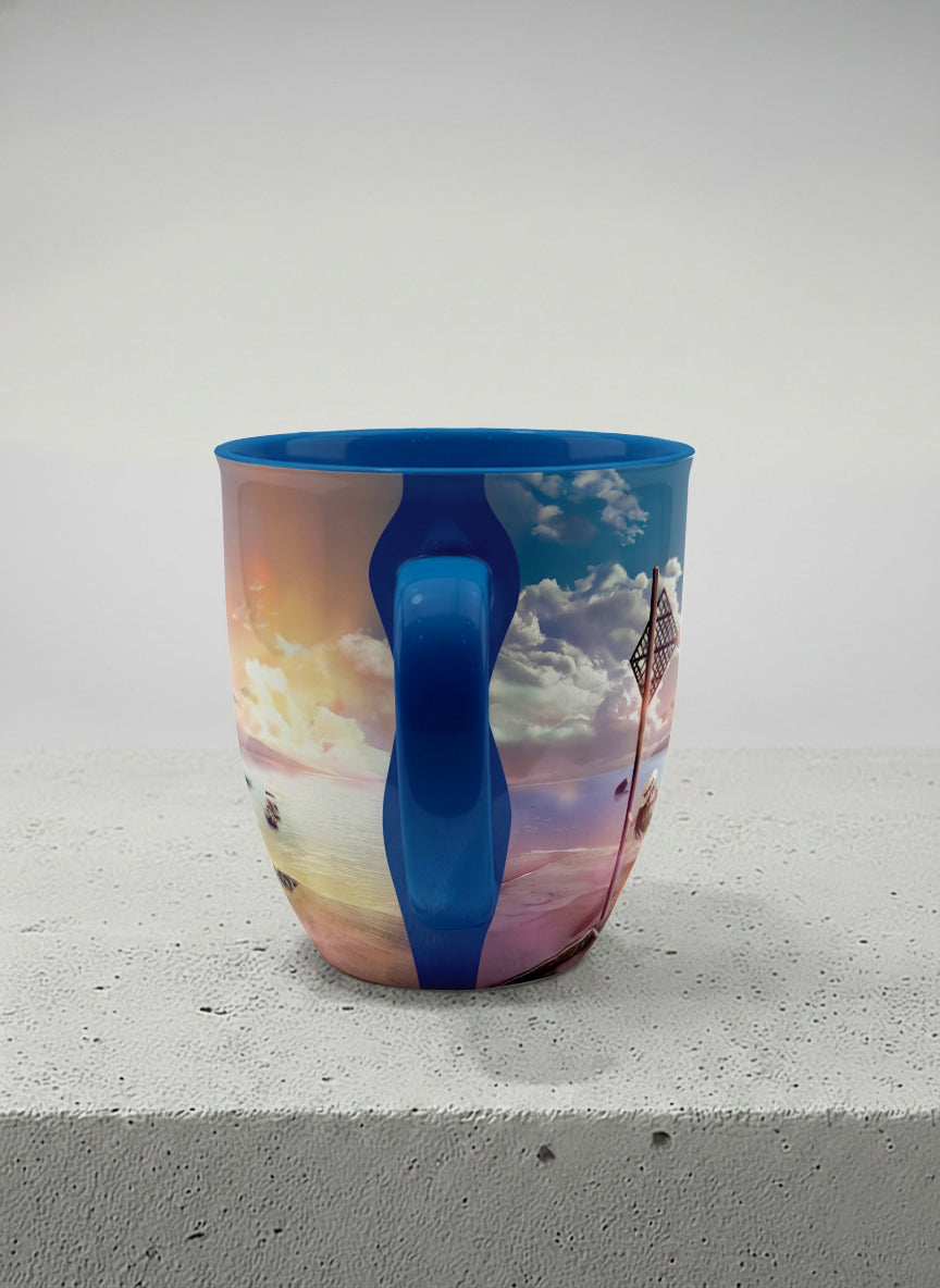 Ronny Mug | The Shore of Summer Longing side view mug showing a scenic beach illustration with a girl and a sunset by Samuel Kwok - Gallery By Inhesion