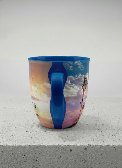 Ronny Mug | The Shore of Summer Longing side view mug showing a scenic beach illustration with a girl and a sunset by Samuel Kwok - Gallery By Inhesion