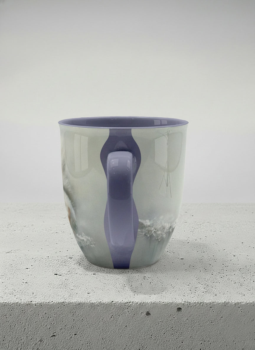 ronny mug | Caught in Frost side view mug, wide-eyed squirrel emerging from a misty winter ground, slate blue interior and handle, by Karina Mosser - Gallery By Inhesion