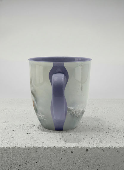 ronny mug | Caught in Frost side view mug, wide-eyed squirrel emerging from a misty winter ground, slate blue interior and handle, by Karina Mosser - Gallery By Inhesion