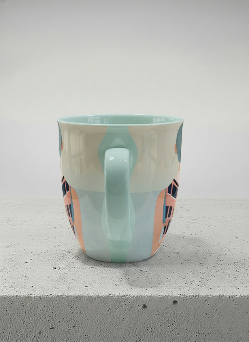 ronny mug  | Memory on the Bridge side view mug a solitary figure gazing over a sunlit Venetian canal lined with terracotta buildings, soft powder blue interior and handle, by KikaG - Gallery By Inhesion