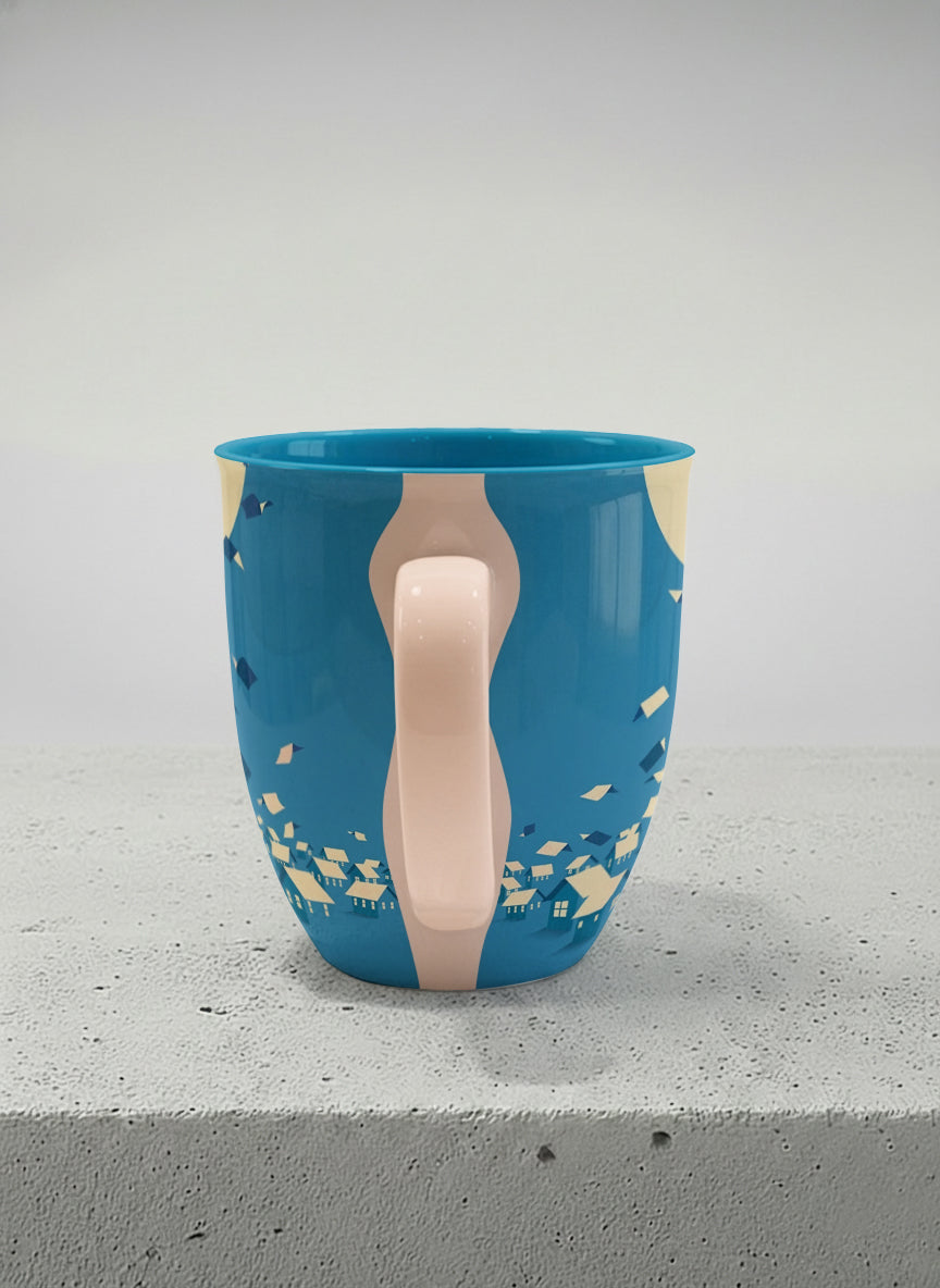 Ronny Mug | House of Wings side view mug with whimsical house roof flying over a night cityscape by Tang Yau Hoong - Gallery By Inhesion