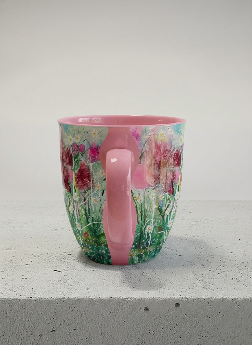 Ronny Mug | Nature’s waking up side view mug shows a floral design with colorful blossoms and lush greenery by Renee Pupetz - Gallery By Inhesion