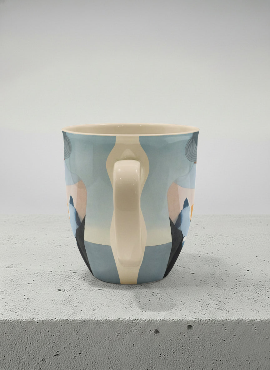 ronny mug | A Mountain to Climb side view mug woman gazing over jagged peaks and a golden sun on teal horizon, butter yellow interior, by KikaG - Gallery By Inhesion