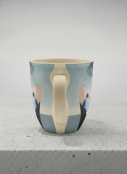 ronny mug | A Mountain to Climb side view mug woman gazing over jagged peaks and a golden sun on teal horizon, butter yellow interior, by KikaG - Gallery By Inhesion