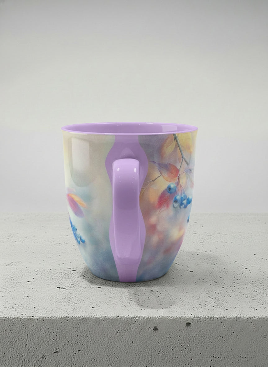 ronny mug | Frosted Morning side view mug, vivid blue berries and autumn leaves drifting across a dreamy pastel rainbow wash, soft lavender interior and handle, by Karina Mosser - Gallery By Inhesion