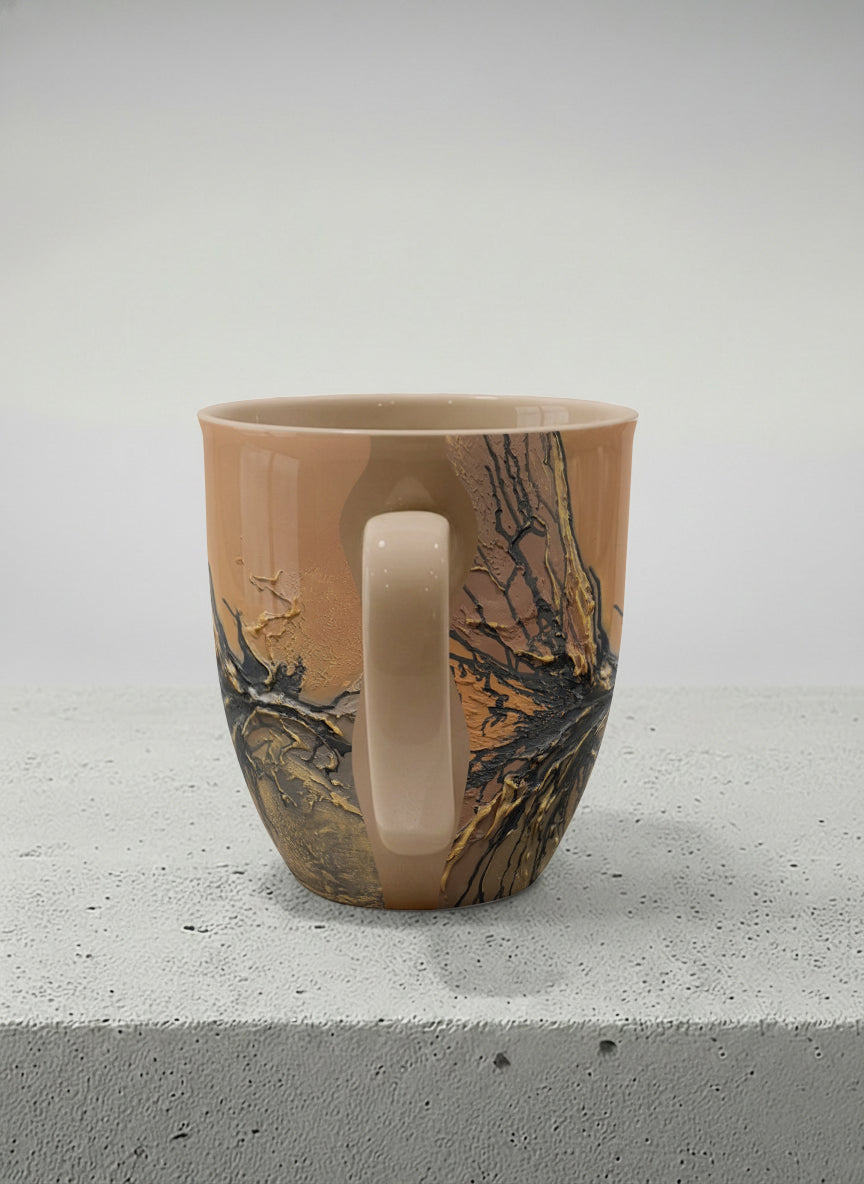Ronny Mug | Flowing Essence side view mug showing abstract marbled pattern in brown, black, and gold tones by Mersedes Mein - Gallery By Inhesion