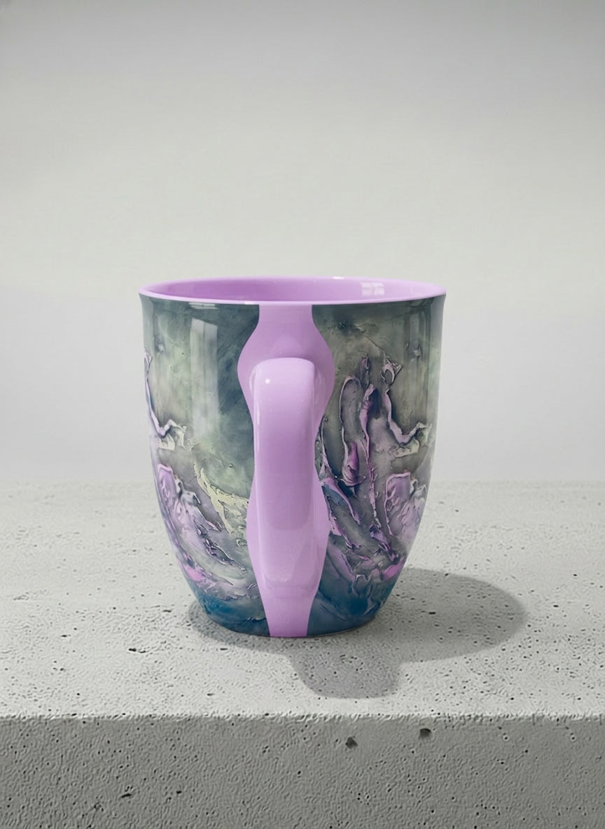 ronny Mug | Modern purple tea side view  mug with elegant abstract floral-inspired marbling, pastel handle, and contemporary design for home or office use.