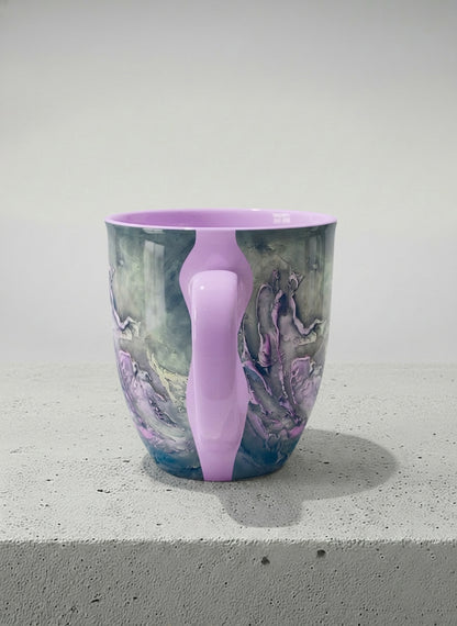 ronny Mug | Modern purple tea side view  mug with elegant abstract floral-inspired marbling, pastel handle, and contemporary design for home or office use.