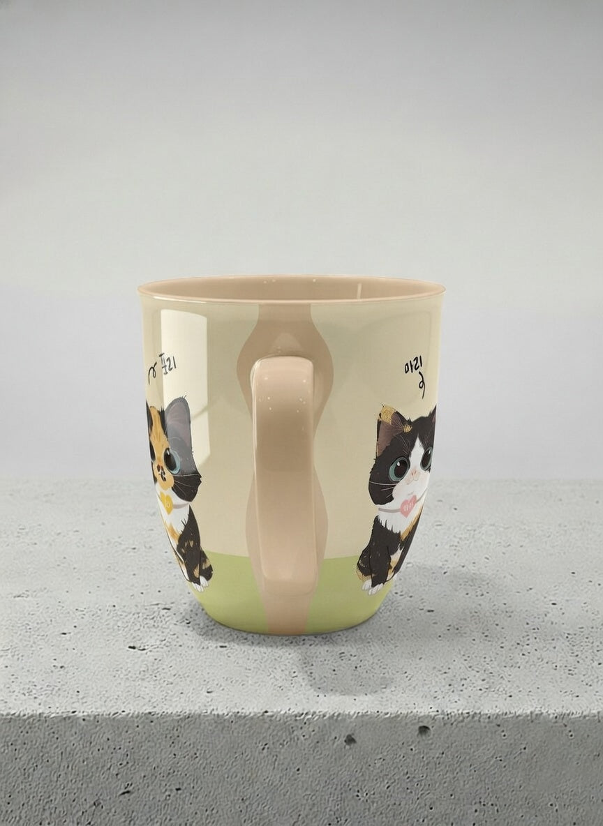 ronny mug | Our Precious Pair side view mug, two adorable tuxedo cats side by side with Korean name tags and tiny red hearts, soft cream interior and handle, by Hyun Jung Cho - Gallery By Inhesion
