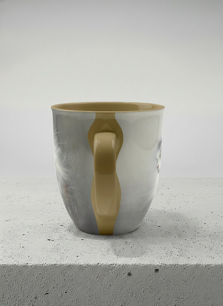 ronny Mug | Wild and Free side view mug, photorealistic cat portrait emerging from a soft smoky mist, warm beige interior and handle, by Karina Mosser - Gallery By Inhesion