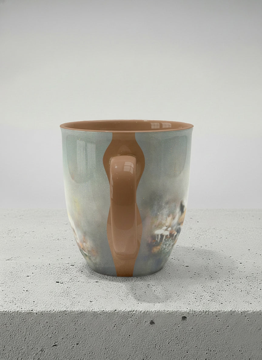 ronny mug | Lullaby side view mug, sleeping fox curled in a soft misty meadow, warm terracotta interior and handle, by Karina Mosser - Gallery By Inhesion