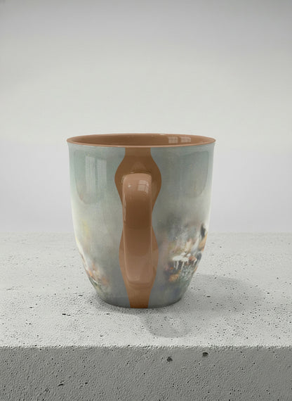 ronny mug | Lullaby side view mug, sleeping fox curled in a soft misty meadow, warm terracotta interior and handle, by Karina Mosser - Gallery By Inhesion
