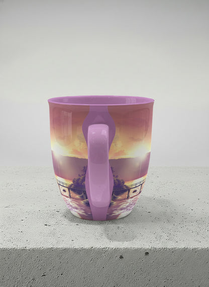 Ronny Mug | Gaze into the Golden Hour side view mug glowing sunset over a lakeside pier in warm amber and violet, soft lilac interior, by Samuel Kwok Gallery By Inhesion