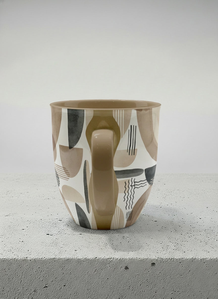 Ronny Mug | Organic Shades side view mug, earthy beige and charcoal abstract shapes, cream interior, olive handle, by Alan CL Lee - Gallery By Inhesion