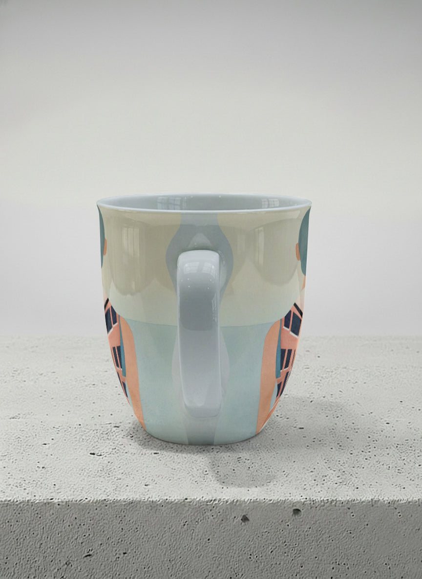 Ronny mug | Memory on the Bridge side view mug a solitary figure gazing over a sunlit Venetian canal lined with terracotta buildings, soft powder blue interior and handle, by KikaG - Gallery By Inhesion