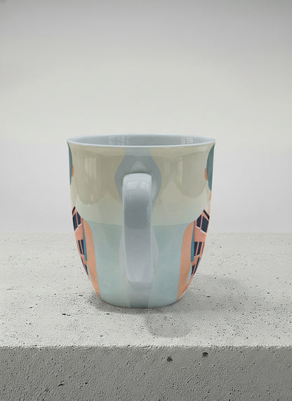 Ronny mug | Memory on the Bridge side view mug a solitary figure gazing over a sunlit Venetian canal lined with terracotta buildings, soft powder blue interior and handle, by KikaG - Gallery By Inhesion