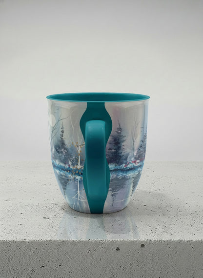Ronny Mug | Winter Reflections on a Frosted Slope side view mug showing a serene landscape with trees, water, and a moon design by Renee Pupetz - Gallery By Inhesion