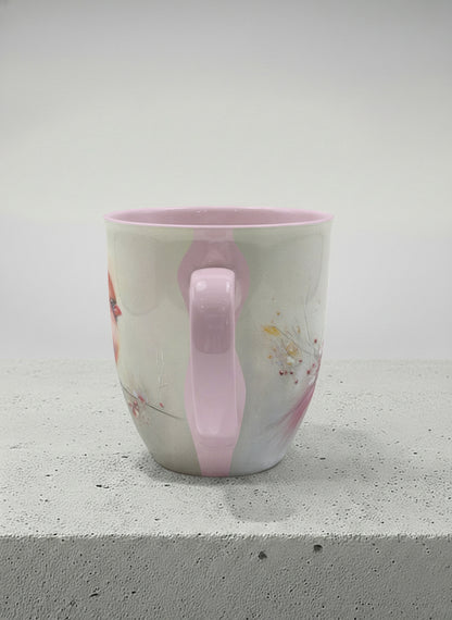 ronny mug | lossom Visitor side view mug, a delicate pink cardinal perched on a wispy blossom branch against a soft ivory mist, blush pink interior and handle, by Karina Mosser - Gallery By Inhesion