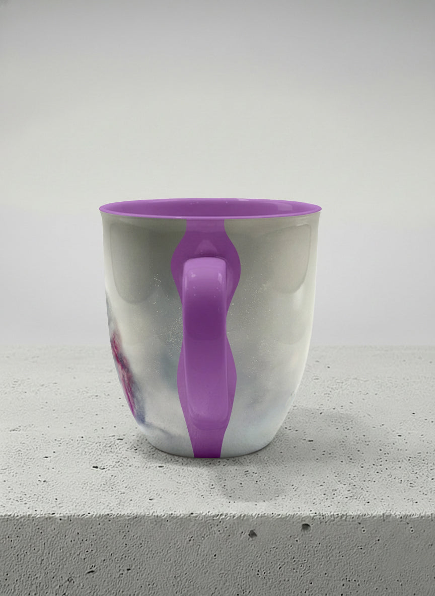 ronny mug | Waiting for Spring side view mug, a tiny kitten in a burgundy scarf sitting in a soft misty meadow, dusty rose interior and handle, by Karina Mosser - Gallery By Inhesion