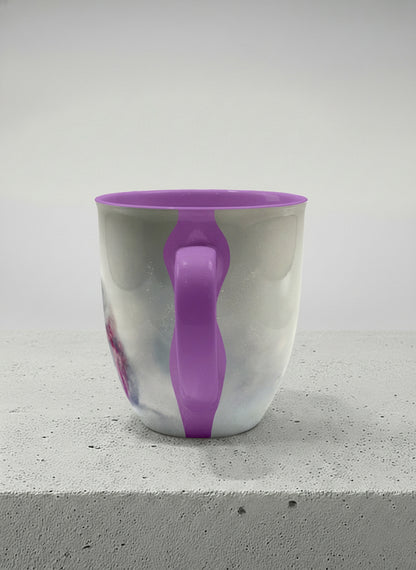 ronny mug | Waiting for Spring side view mug, a tiny kitten in a burgundy scarf sitting in a soft misty meadow, dusty rose interior and handle, by Karina Mosser - Gallery By Inhesion