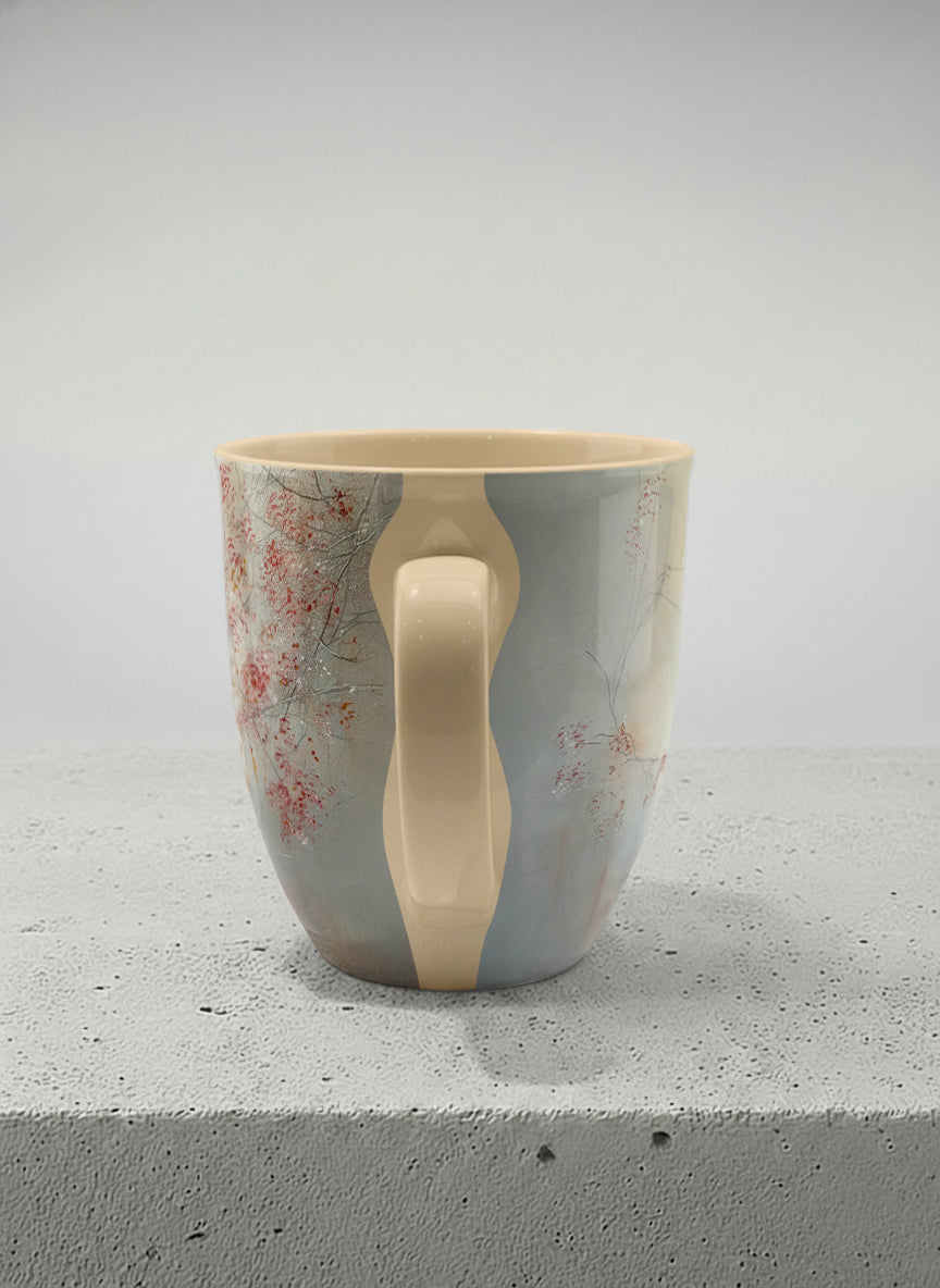 ronny mug | Quiet Waters side view mug, delicate red blossoms and fine branches drifting across a soft celadon mist, warm cream interior and handle, by Karina Mosser - Gallery By Inhesion