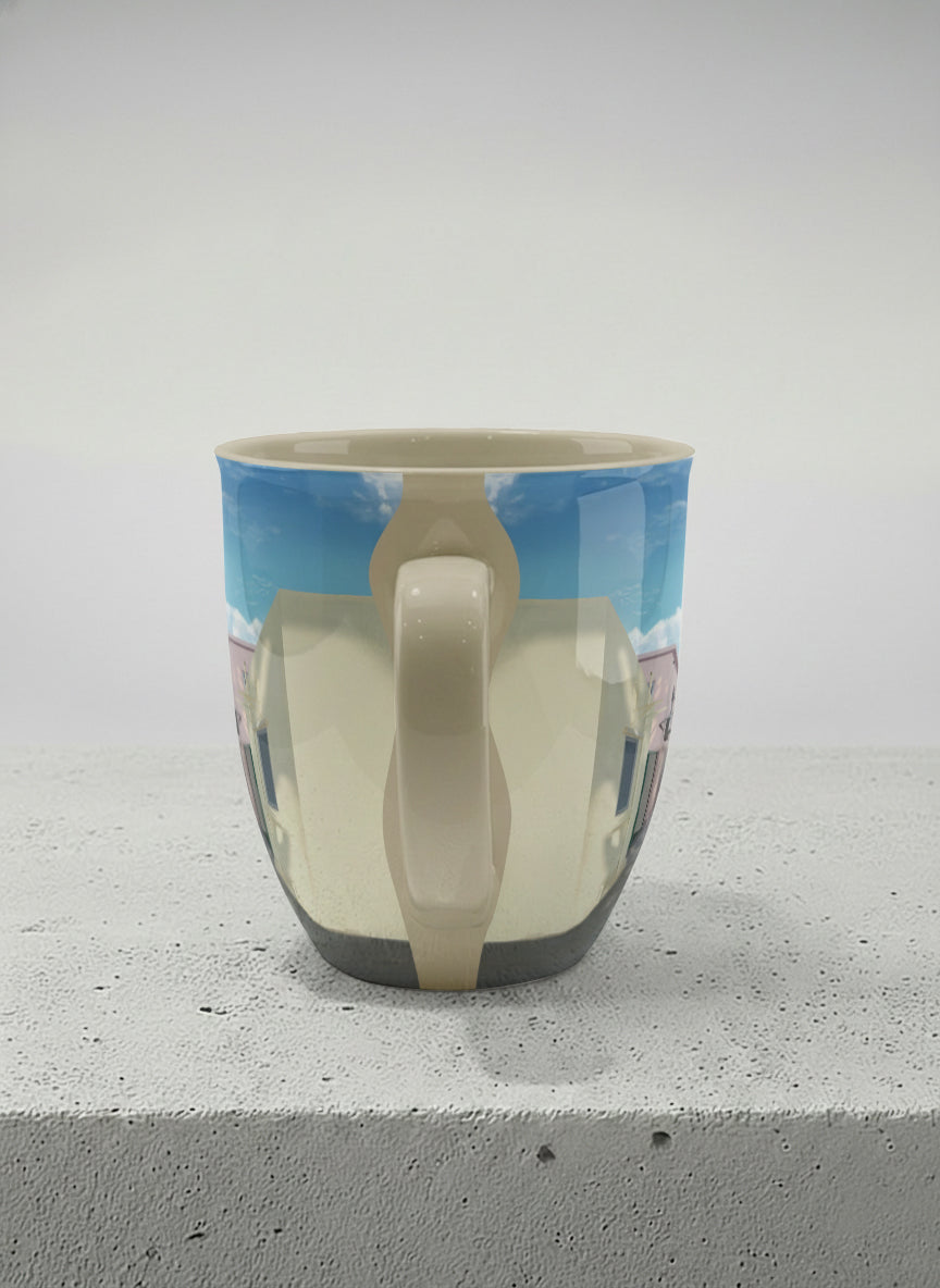 Ronny Mug | The Secret Passage side view mug showing a colorful street scene with a girl walking in a vibrant alley by Samuel Kwok - Gallery By Inhesion