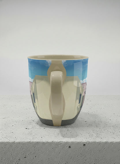 Ronny Mug | The Secret Passage side view mug showing a colorful street scene with a girl walking in a vibrant alley by Samuel Kwok - Gallery By Inhesion
