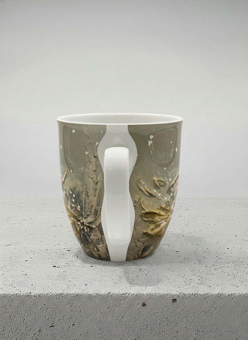 ronny mug | Awakening side view mug showing textured floral design in muted grey-gold tones by Mersedes Mein - Gallery By Inhesion