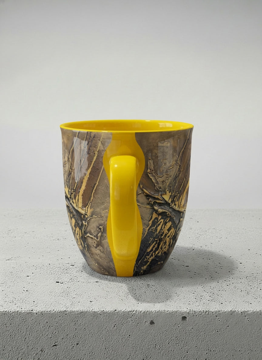 Ronny Mug | Unfolding Luminance side view  mug showing abstract marbled pattern in brown, black, and gold tones by Mersedes Mein - Gallery By Inhesion