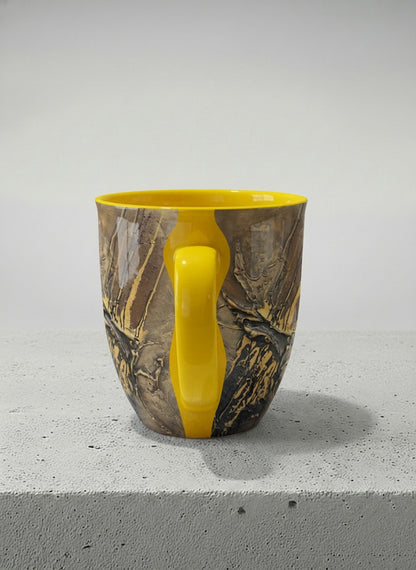 Ronny Mug | Unfolding Luminance side view  mug showing abstract marbled pattern in brown, black, and gold tones by Mersedes Mein - Gallery By Inhesion
