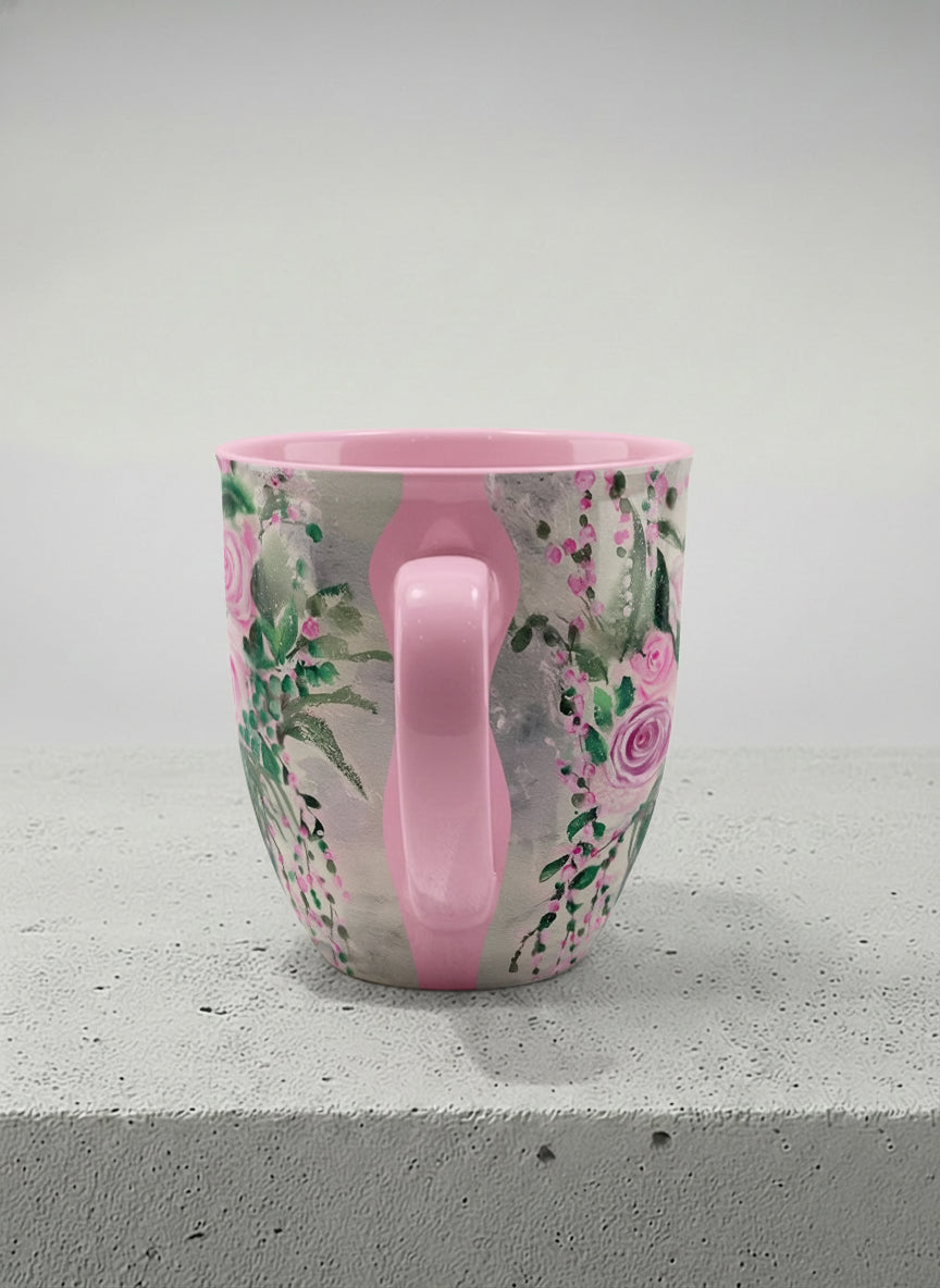 Ronny Mug | Pink Roses in a Jar side view mug showing painted pink roses and greenery on a light background design by Renee Pupetz - Gallery By Inhesion