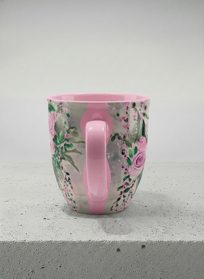 Ronny Mug | Pink Roses in a Jar side view mug showing painted pink roses and greenery on a light background design by Renee Pupetz - Gallery By Inhesion