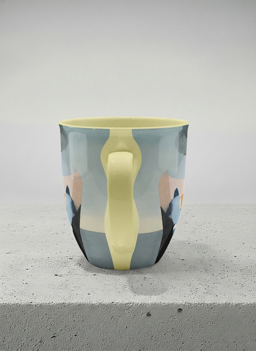 Ronny Mug | A Mountain to Climb side view mug woman gazing over jagged peaks and a golden sun on teal horizon, butter yellow interior, by KikaG - Gallery By Inhesion
