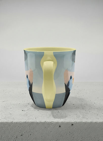 Ronny Mug | A Mountain to Climb side view mug woman gazing over jagged peaks and a golden sun on teal horizon, butter yellow interior, by KikaG - Gallery By Inhesion
