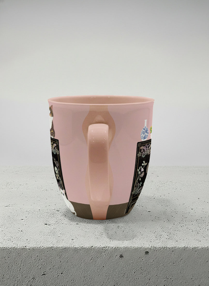 Ronny Mug | Korean Beauty & Felines side view mug cats by ornate black lacquer cabinet with floral carvings, blush pink interior, by Hyun Jung Cho